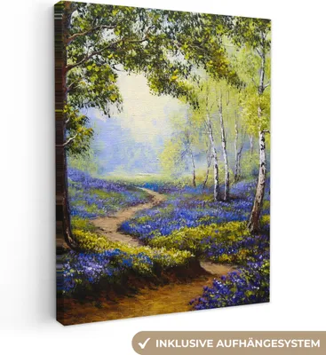 Produktbild von MuchoWow® - Leinwandbilder - Gemälde - Natur - Wald - Blumen - Ölfarbe, Wandbild, Wanddeko Bilder Wohnzimmer, 60x80 cm