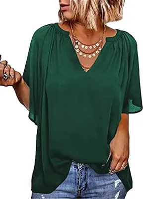 Produktbild von ASKSA Damen Elegant Hemd Rüsche Casual Shirt V-Ausschnitt Lose Tunika 3/4 Glockenärmel Einfarbig Bluse, Grün, S