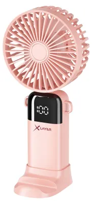 Zdjęcie produktu dla Cichy przenośny wentylator XLayer, 5 poziomów prędkości, kompaktowy, składany, wyświetlacz LED, bateria 1200 mAh, uchwyt na smartfon, różowy