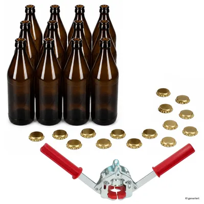 Produktbild von 12er Bierflaschen Braun 0,5L 15 Kronkorken Gold mit Verschließer Limo