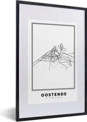 Produktbild von MuchoWow® Gerahmtes Poster Belgien - Ostende - Stadtplan - Karte - Schwarz und weiß - Karte 40x60 cm - Poster mit Schwarzem Bilderrahmen Wandposter Rahmen Foto Bilder - Poster in Rahmen