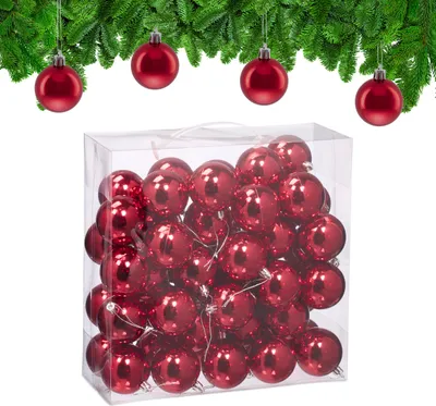 Imagen del producto de Adornos navideños Relaxdays, juego de 50 unidades, de plástico, diámetro: 6 cm, decoración festiva para el árbol de Navidad, adornos brillantes, color rojo