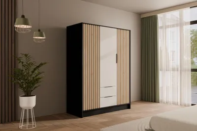 Produktbild von ALTDECOR Kleiderschrank mit selbstschließenden, Lamellentüren, Lamellen, Flügeltüren - NELIA - 150 cm Schwarz / Weiß / Artisan