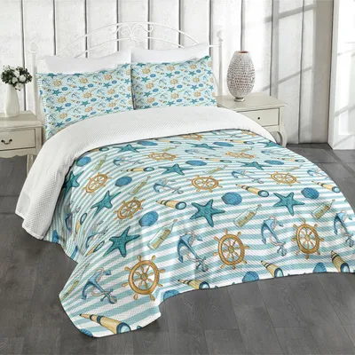 Produktbild von ABAKUHAUS Nautisch Tagesdecke Set, Marine Sea Striped Hintergrund mit Anker Rad Starfish Seashell Figuren, 220 x 220 cm, Blau und Aprikose