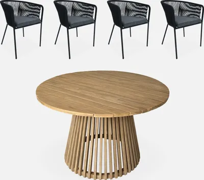 Produktbild von sweeek - Runder Holztisch für In- und Outdoor + 4 Sessel aus Stahl mit Bespannung - Schwarz