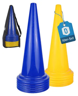 Produktbild von Dönges XXL-Pylonen 10er-Set, blau/gelb mit Transporttasche (Agility Leitkegel)