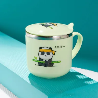 Produktbild von Kinder-Wasserflasche aus 304 Edelstahl, sicher, geruchlos, rostbeständig, niedlicher Cartoon-Baby-Strohhalmbecher mit Griff, gewöhnlicher Deckel, nordisches Grün