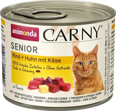 Produktbild von animonda Carny Katzen Nassfutter Senior Rind + Huhn + Käse (6 x 200g), Katzenfutter nass ohne Getreide ohne Zucker für Katzen ab 7 Jahren mit frischen und fleischigen Zutaten
