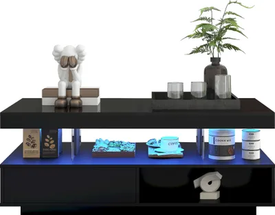 Produktbild von Abrihome Couchtisch Beistelltisch-95x50x42.5 cm mit 2 Schubladen und 3 Offene Fächer, LED-Leuchten, Schwarz