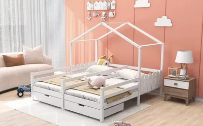 Produktbild von ODIKALO Kinderbett Doppelbett, Gitterbett m. 2 Schubladen auf Rollen, Lattenrost Kiefer