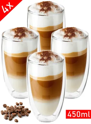 Produktbild von 4x Latte Macchiato Gläser doppelwandig 450ml Cappuccino Tassen - aus Borosilikatglas - Spülmaschinenfeste Teegläser Kaffeetassen Set - Thermogläser