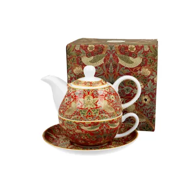 Produktbild von DUO ART GALLERY Tasse mit Teekanne STRAWBERRY THIEF RED New Bone China Porzellan
