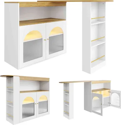 Produktbild von 138-193X39X105CM Moderner ausziehbarer Bartisch ,Ausziehbarer Esstisch mit Stauraum , Stehtisch Bistrotisch, drehbar, für Esszimmer,Mit 1m langem LED, Weiß