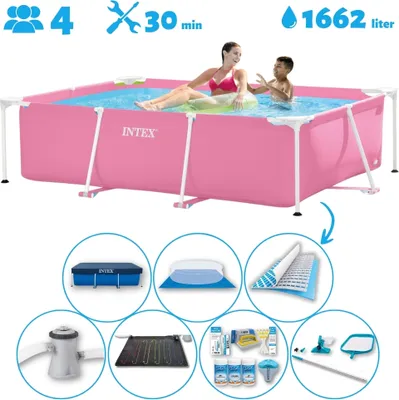 Produktbild von Intex-Schwimmbecken mit rechteckigem Rahmen – 220 x 150 x 60 cm – Rosa – im Lieferumfang enthalten Abdeckung - Bodenplane - Filterpumpe für Schwimmbad - Solarmatte - Wartungspaket - Reinigungskit