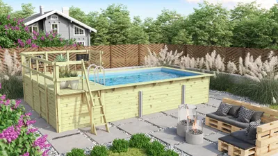 Produktbild von Karibu | Rechteckiger kdi Massivholz Pool 308,7 x 396 cm | Set mit 2 Sonnenterrassen inkl.