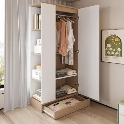 Image de Armoire à 1 porte et tiroirs 70 x 170 x 40 cm Armoire à portes battantes aspect bois naturel et blanc Armoire de chambre à coucher avec étagères, style moderne
