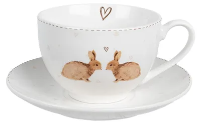 Produktbild von Clayre & Eef Tasse mit Untertasse 250 ml Weiß Braun Porzellan
