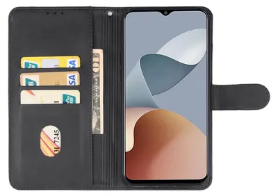 A black wallet-style phone case with a phone inserted, showing credit cards and cash slots.