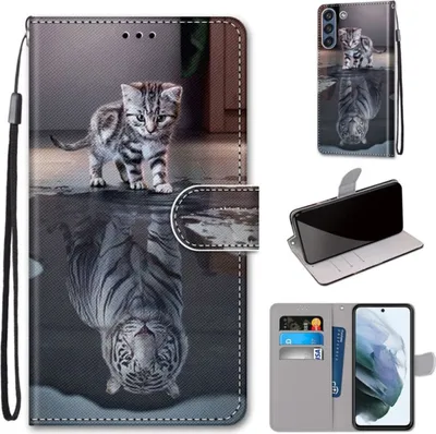 A collage of images showing a phone case with a cat-to-tiger design, a phone inside a case, and a wallet-style phone case with card slots.