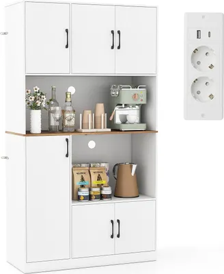 Produktbild von GOPLUS Küchenschrank Holz, freistehendes Hochregal mit 4 Schränken mit Türen, Ladesteckdosen & Kabeldurchführung, Vorratsschrank für Küche (Weiß)