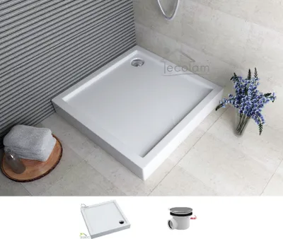 Produktbild von ECOLAM Duschwanne Duschtasse flach Competia Viereck quadratisch 80x80 x14 cm / 3 cm Styropor Acryl Ablauf weiß Styroporunterseite + Siphon