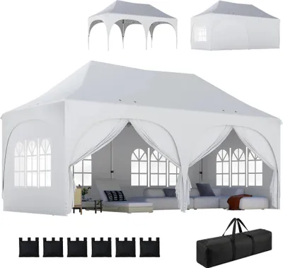 Image de Tente de réception - Pavillon de jardin pop-up - 6 x 3 m - 6 parois latérales amovibles - Hauteur réglable - Fenêtres - Tissu Oxford - Sac de transport - Gris clair