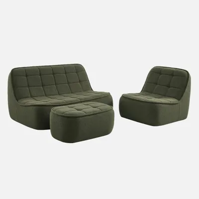 Produktbild von sweeek - 3-Sitzer Sitzgruppe mit Sofa, Sessel und Hocker, strukturierter Bouclé-Bezug - Khaki