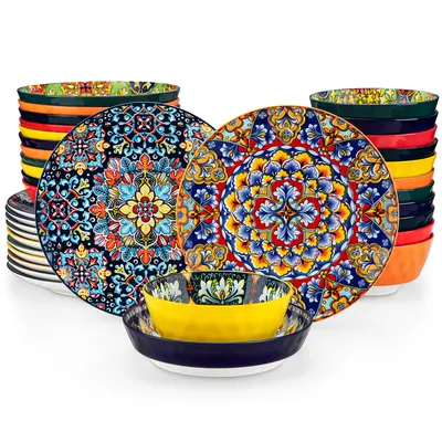 A collection of colorful, patterned plates and bowls.