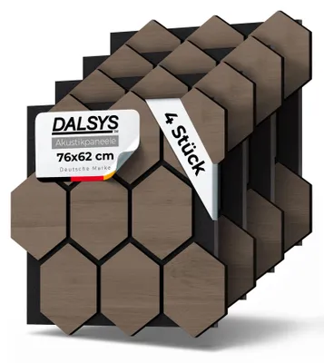 Produktbild von Dalsys 4x Akustikpaneele Holz 76x62cm mit Hexagon-Muster Walnuss - Wandpaneele Holz für Schallschutz in Büro- & Wohnräumen - Akustik Paneele Wand - 3D Wandverkleidung innen - Holzpaneele Wand