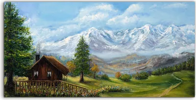 Produktbild von Coloray Glasbild 140x70  Wandbild Glasbilder Blume Haus Bäume Wiese Berg Landschaft