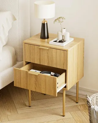 Produktbild von Famanu Nachttisch mit 1 offenen Ablage und 2 Schubladen - modern Boho-Japandi Stil - Eichenholz-Optik