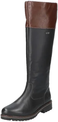 A single black and brown leather boot is shown against a white background.