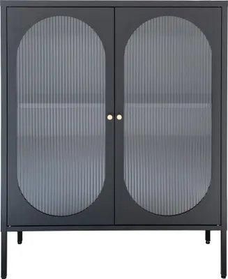 A dark gray cabinet with fluted glass doors and gold handles, shown against a white background.