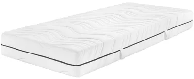 A white mattress with a black trim is shown on a white background.
