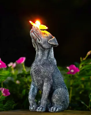 Produktbild von Gartenfigur Hund mit Schmetterling, Solar LED-Lampe, wasserdicht, Kunstharz, für Garten