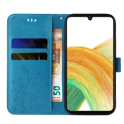 Produktbild von Handyhülle für Samsung Galaxy A33 5G Floral Blumen Schmetterling Flip Cover Hülle Case Klapphülle Handytasche Farbe: Blau
