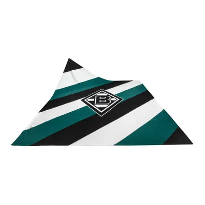 A triangular fleece blanket with diagonal stripes of green, black, and white, featuring a diamond-shaped logo with a 'B' in the center.