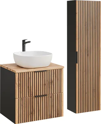 Produktbild von Waschtisch und Hängesäule 60.6cm Gaia mit 2 Schubladen, Eichenoptik und Schwarz