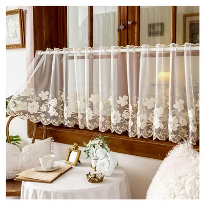 Produktbild von Voile Scheibengardine mit zarter Blumenstickerei, transparente Küchengardine mit Lochleiste, 1 Stück, Beige, HxB 45x140cm