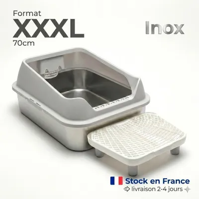 Image de ZOOPARK Bac à Litière Ouvert INOX XXL 70x50x30cm - Caisse Acier Inoxydable pour Grand Chat (Maine Coon, Ragdoll), Parois Hautes Anti-Projection