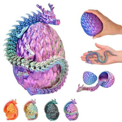 Obrázok produktu pre Čínsky drak figúrka vo vajci 3D 30 cm, zberateľská socha, zdobené vajce 10 cm – Modro-zeleno-fialová