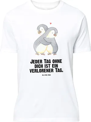 Produktbild von Mr. & Mrs. Panda Größe L T-Shirt Pinguine Kuscheln - Weiß - Geschenk, Mitbringsel, für Partner, Jahrestag, Freundin, mit Spruch, Hochzeitstag, Frauen, Tshirt, Shirt