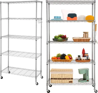 Produktbild von 5 Etagen Metallregal Höhenverstellbar mit Rädern und Haken, Verlängerung, 76x35x152cm, silber
