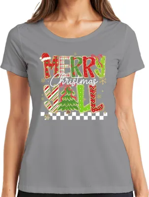 Produktbild von Merry Christmas Y'all Weihnachten Tannenbaum gestreift Glitzer Damen T-Shirt, Grau, XL