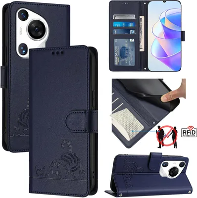 Produktbild von Leder Hülle für Huawei Pura 70 Pro Süße Katze Flip Case Brieftasche Schutzhülle mit Standfunktion Blau