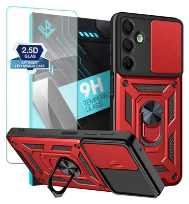 Produktbild von Armor Handyhülle für Samsung Galaxy A16 / A16 5G mit 9H Displayglas Displayschutz Kameraschutz Handy Panzer Case Cover Schutzhülle Outdoor Farbe: Rot
