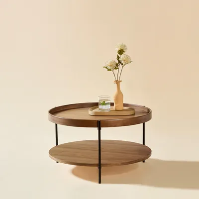 Image de Table basse ronde à deux niveaux, en bois massif, 69 x 69 x 38 cm, noyer