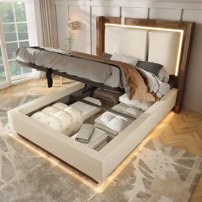 Produktbild von Flieks Hydraulisches Polsterbett 90x200cm mit Stauraum, Jugendbett Stauraumbett mit Led, Einzelbett Hydraulikbett mit Lattenrost, Leinen, Beige