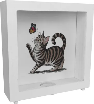 Produktbild von Katze mit Schmetterling Rahmen Spardose aus Holz für Tierliebhaber