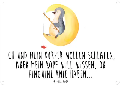 Produktbild von Mr. & Mrs. Panda Wandbild Pinguin Mond DIN A6 - Weiß - Geschenk, schlafen, Schild, Neugierig, Blechtafel, Angel, Blechschild, Spruch, tafel, Schlafzimmer, Nachtruhe